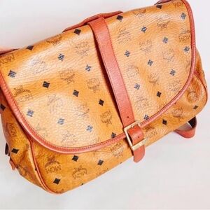 MCM Tan Monogram Leather Messenger Bag